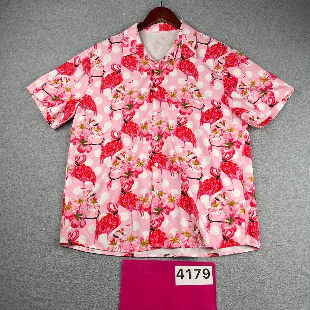 Pink Flamingo Hawaiian Print Shirt Short Sleeve Lightweight Beach Casual Large
